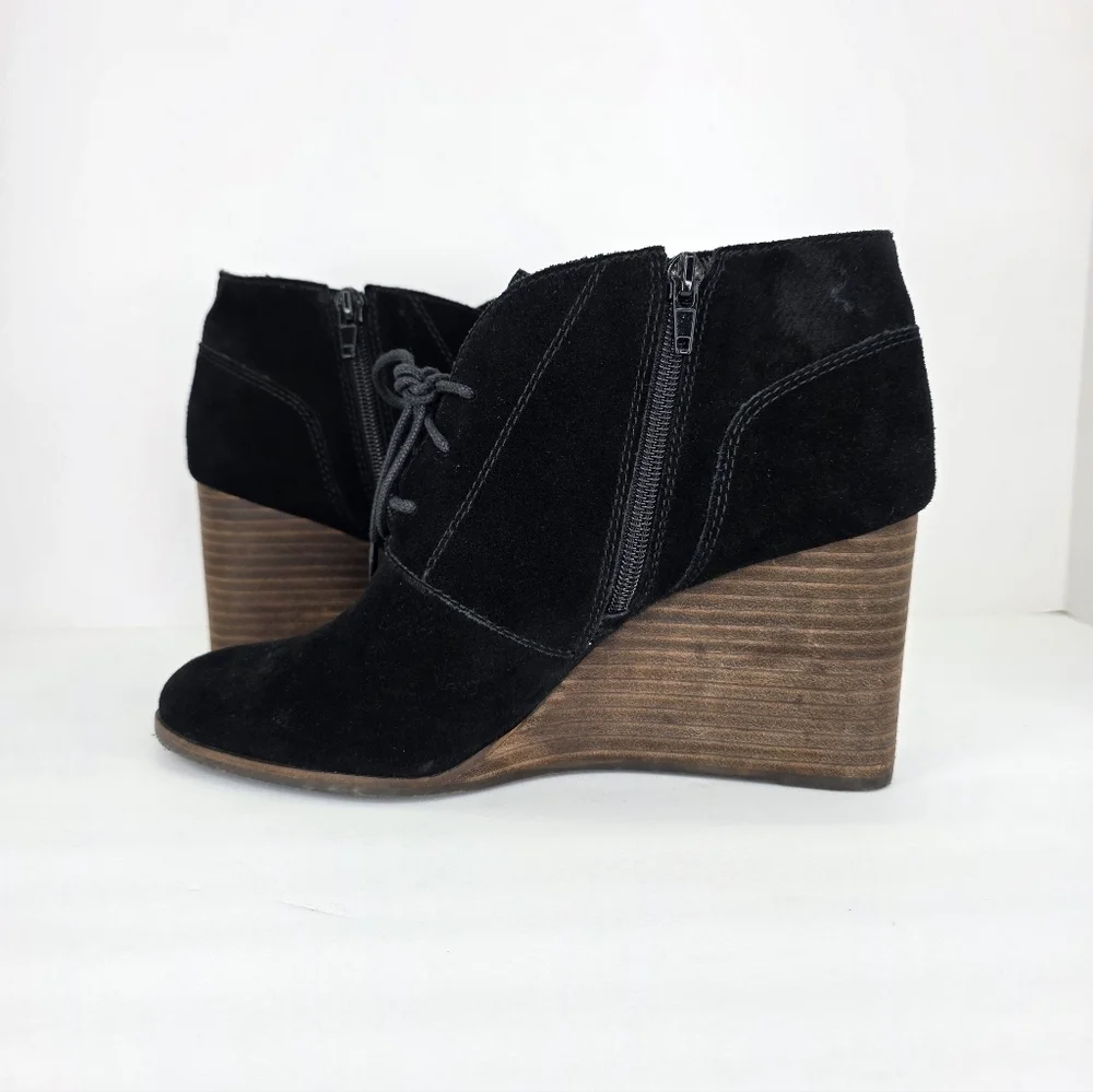 Lucky Brand Ankle Booties Shylow Women’s Black Wedge Suede Lace Up Zip Size 10M‎